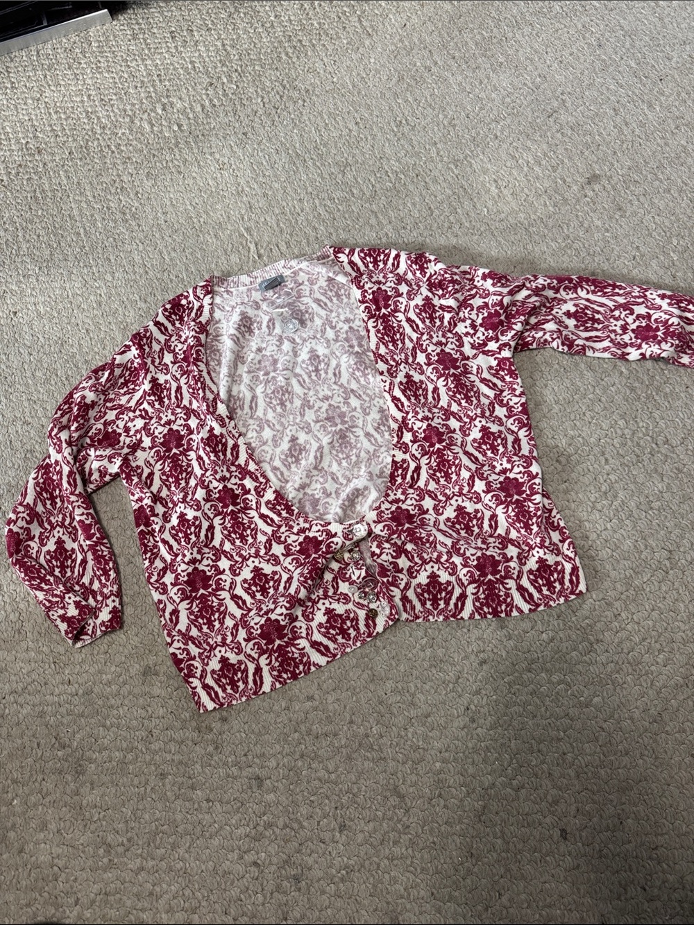 Delia’s retro 90s toile wallpaper red white cardigan sweater XXL cool buttons